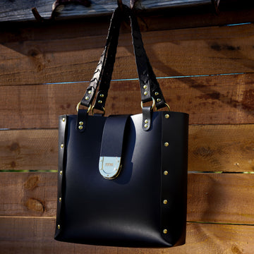 JBG Tote with Removable Saddlebag in Black Leather with 14k Gold  or Palladium Hardware